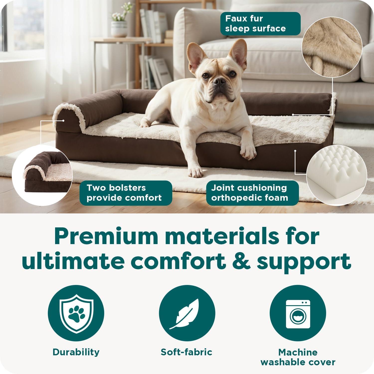 imageFurhaven Orthopedic Dog Bed for Large Dogs w Removable Bolsters ampamp Washable Cover For Dogs Up to 95 lbs Plush ampamp Velvet L Shaped Chaise Sable Brown JumboXLEspresso