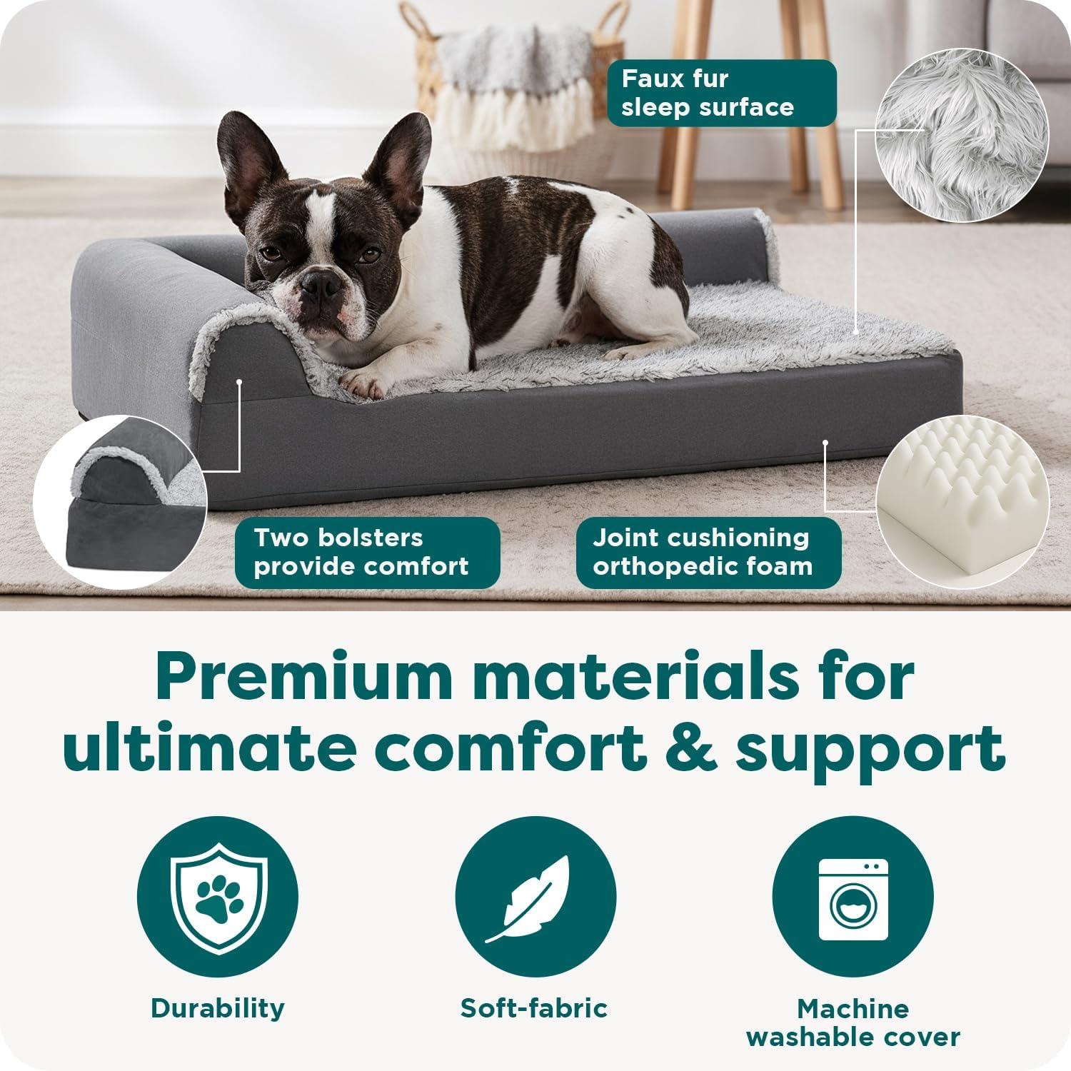 imageFurhaven Orthopedic Dog Bed for Large Dogs w Removable Bolsters ampamp Washable Cover For Dogs Up to 95 lbs Plush ampamp Velvet L Shaped Chaise Sable Brown JumboXLStone Gray