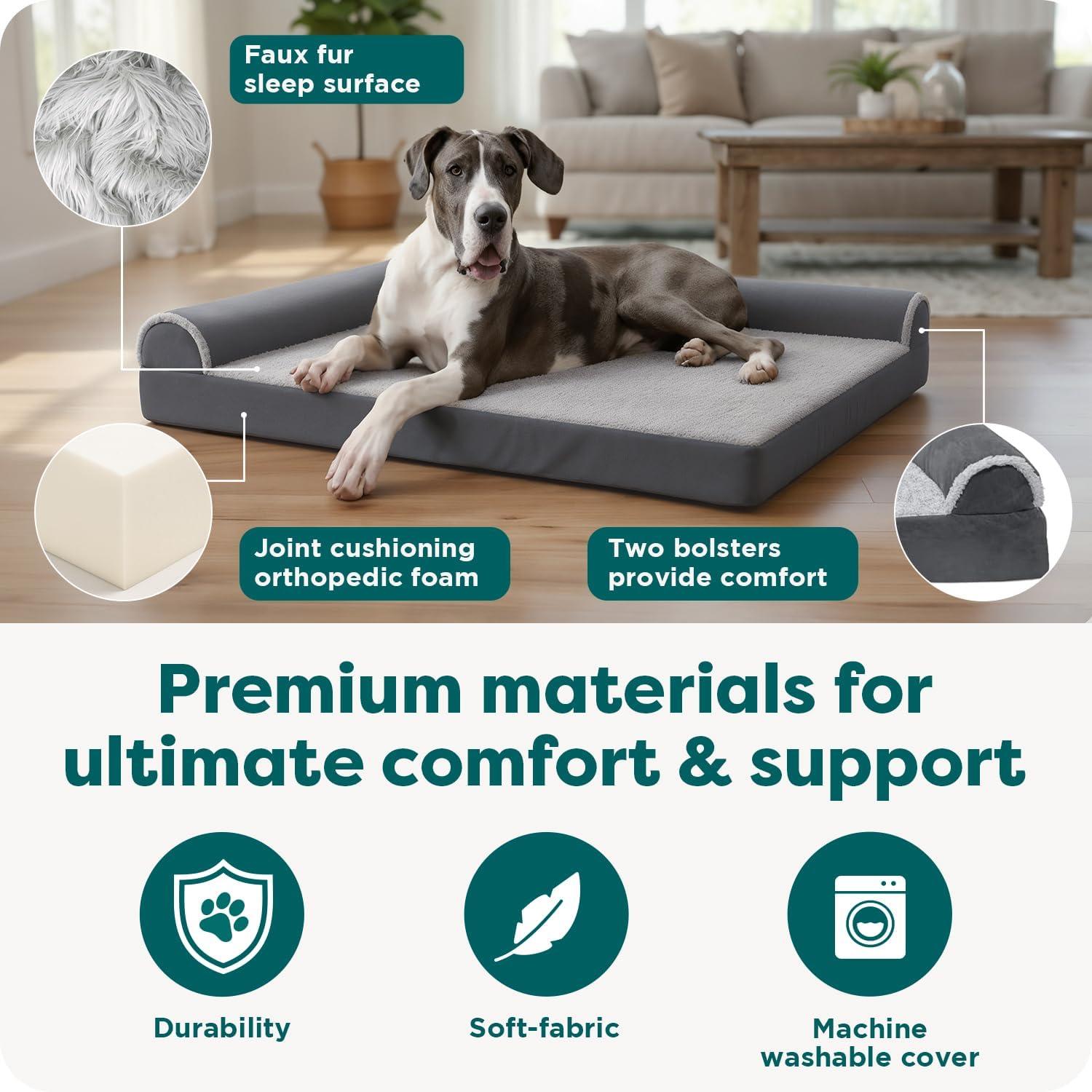 imageFurhaven Orthopedic Dog Bed for Large Dogs w Removable Bolsters ampamp Washable Cover For Dogs Up to 95 lbs Plush ampamp Velvet L Shaped Chaise Sable Brown JumboXLStone Gray