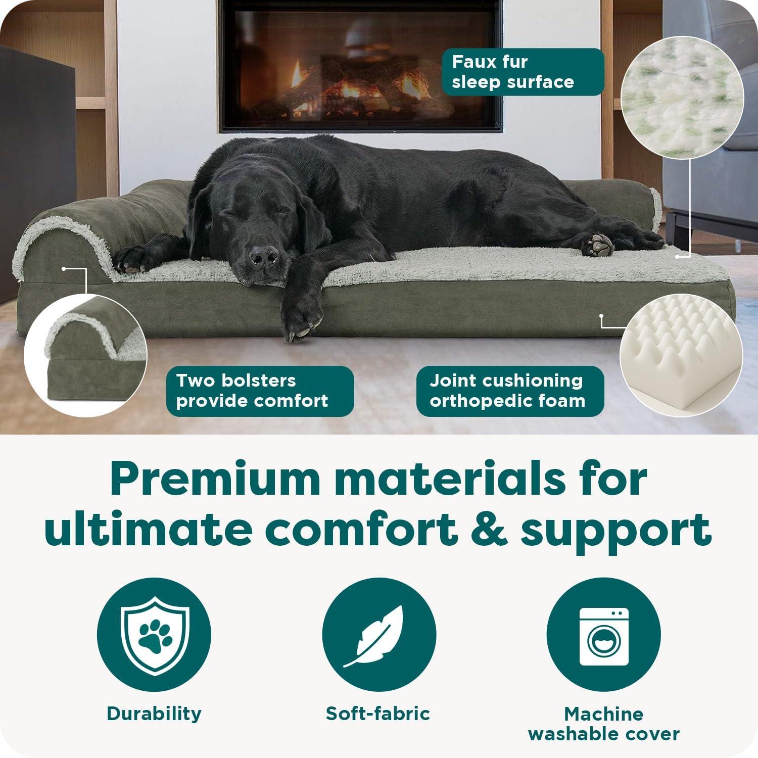 imageFurhaven Orthopedic Dog Bed for Large Dogs w Removable Bolsters ampamp Washable Cover For Dogs Up to 95 lbs Plush ampamp Velvet L Shaped Chaise Sable Brown JumboXLDark Sage
