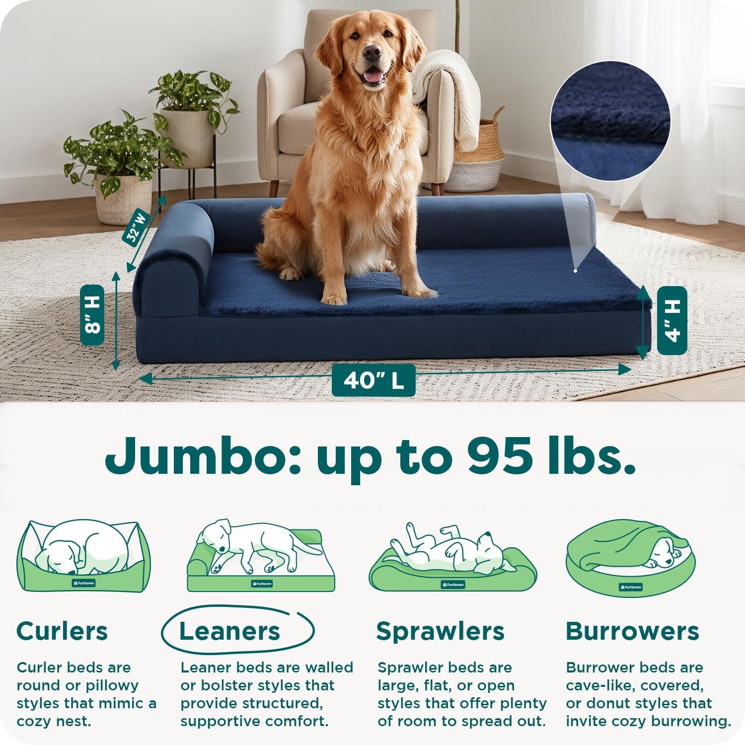 imageFurhaven Orthopedic Dog Bed for Large Dogs w Removable Bolsters ampamp Washable Cover For Dogs Up to 95 lbs Plush ampamp Velvet L Shaped Chaise Sable Brown JumboXLDeep Sapphire
