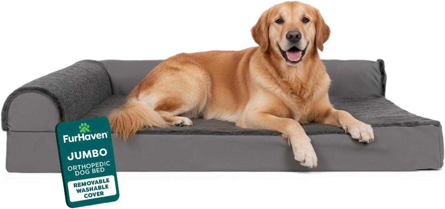 imageFurhaven Orthopedic Dog Bed for Large Dogs w Removable Bolsters ampamp Washable Cover For Dogs Up to 95 lbs Plush ampamp Velvet L Shaped Chaise Sable Brown JumboXLPlatinum Gray