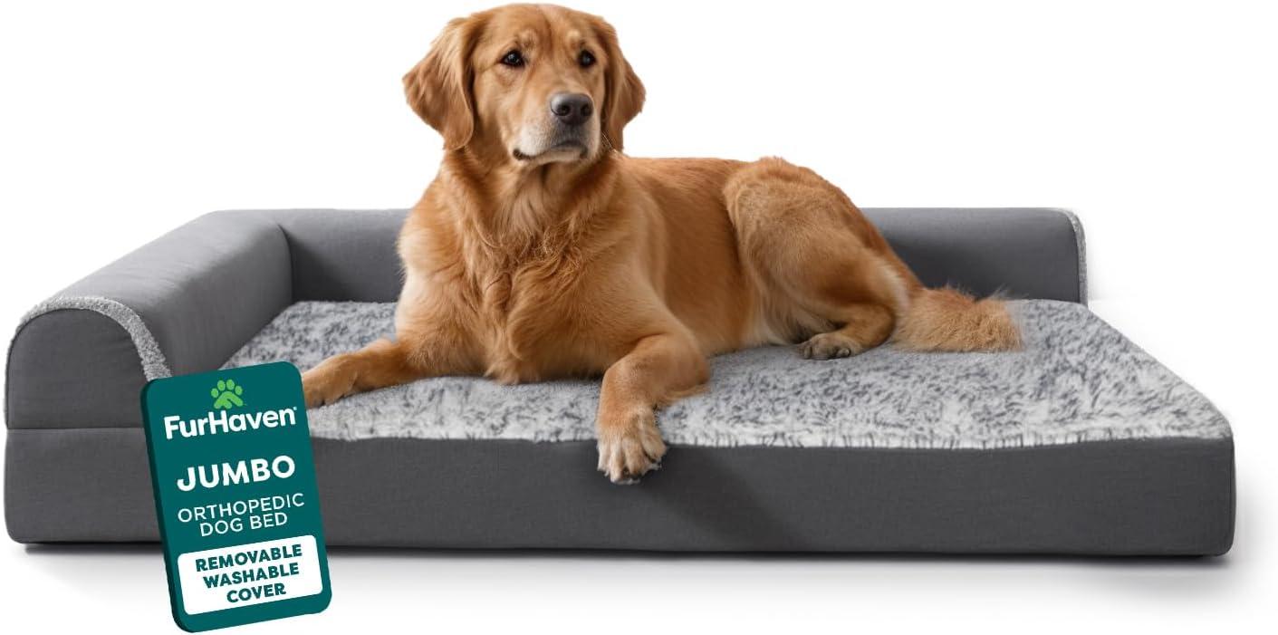 imageFurhaven Orthopedic Dog Bed for Large Dogs w Removable Bolsters ampamp Washable Cover For Dogs Up to 95 lbs Plush ampamp Velvet L Shaped Chaise Sable Brown JumboXLStone Gray