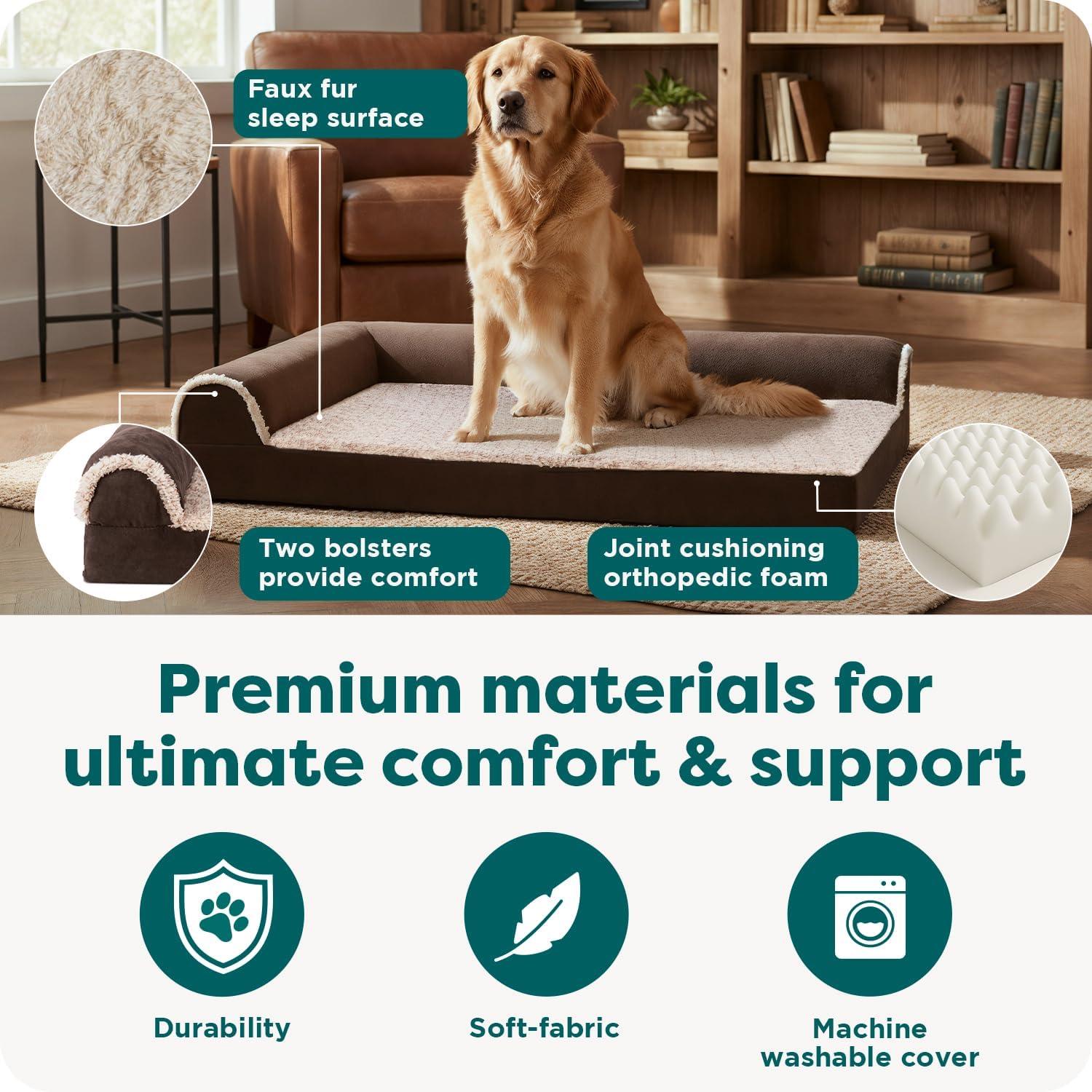 imageFurhaven Orthopedic Dog Bed for Large Dogs w Removable Bolsters ampamp Washable Cover For Dogs Up to 95 lbs Plush ampamp Velvet L Shaped Chaise Sable Brown JumboXLEspresso
