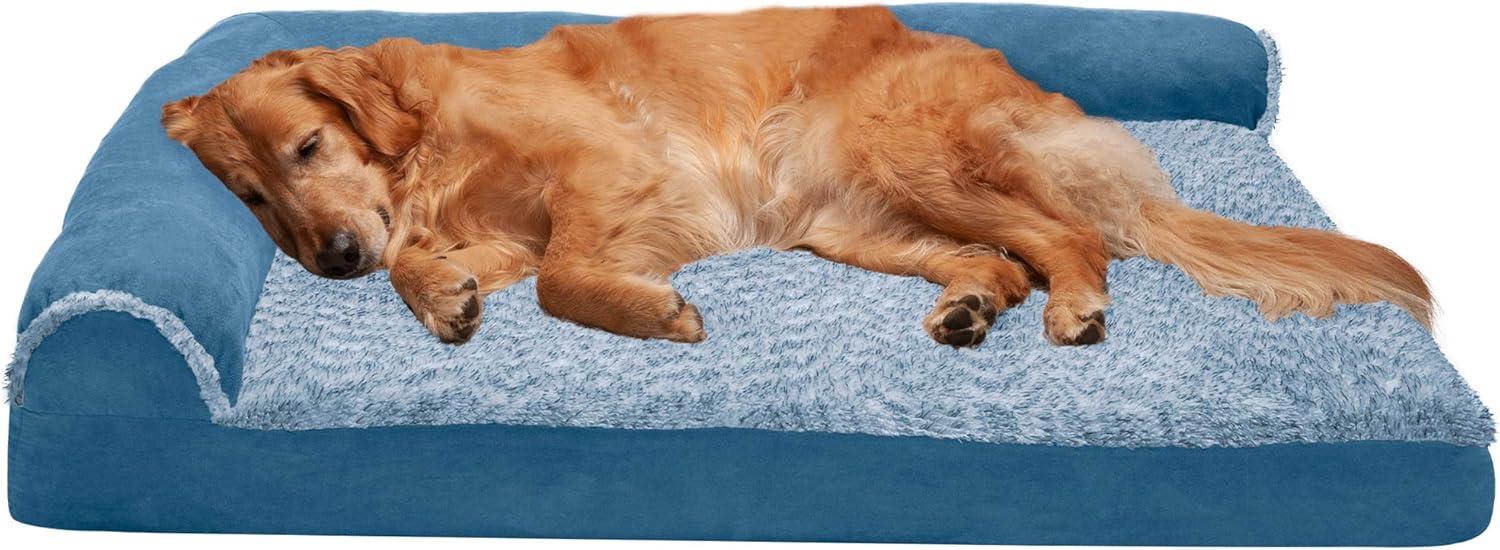 imageFurhaven Orthopedic Dog Bed for Large Dogs w Removable Bolsters ampamp Washable Cover For Dogs Up to 95 lbs Plush ampamp Velvet L Shaped Chaise Sable Brown JumboXLMarine Blue