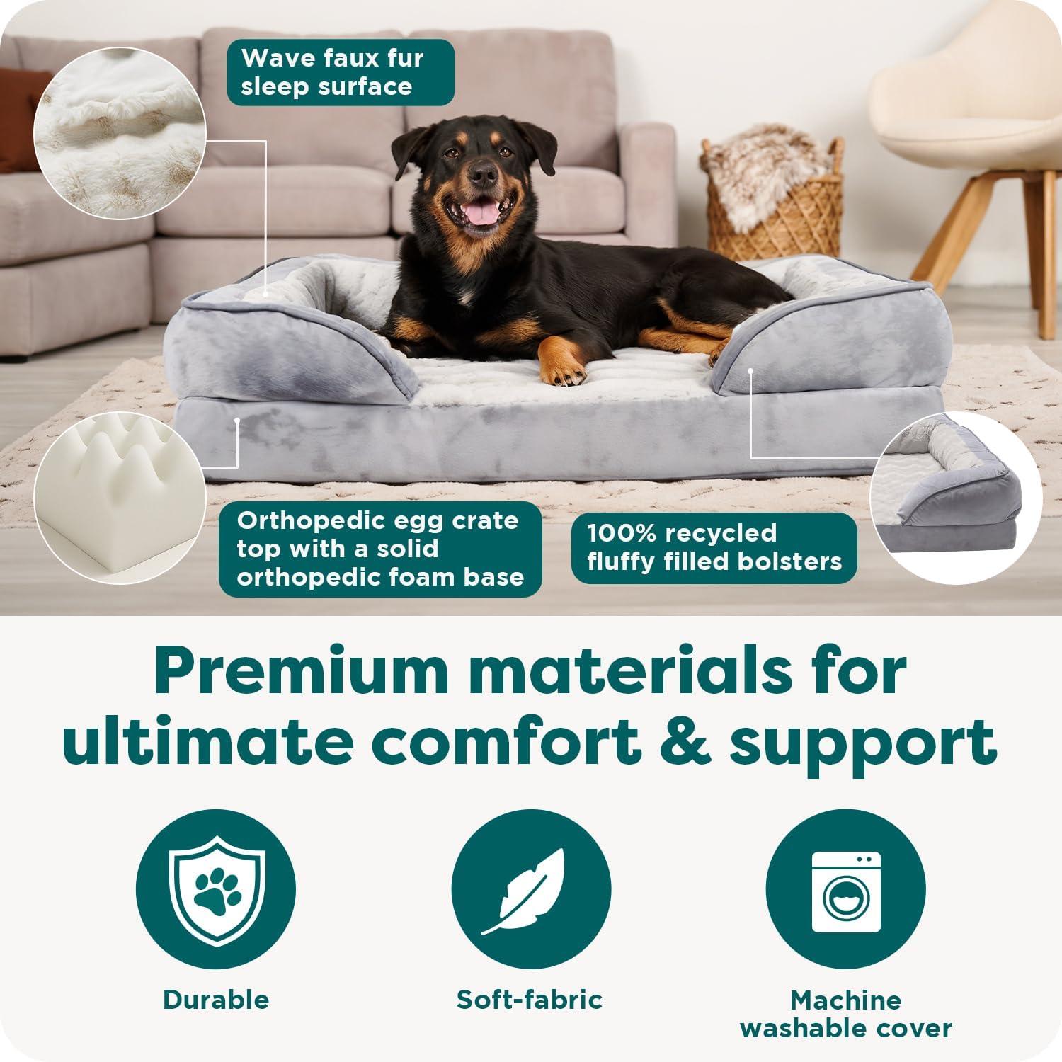 imageFurhaven Orthopedic Dog Bed for Large Dogs w Removable Bolsters ampamp Washable Cover For Dogs Up to 95 lbs Plush ampamp Velvet Waves Perfect Comfort Sofa Granite Gray JumboXL
