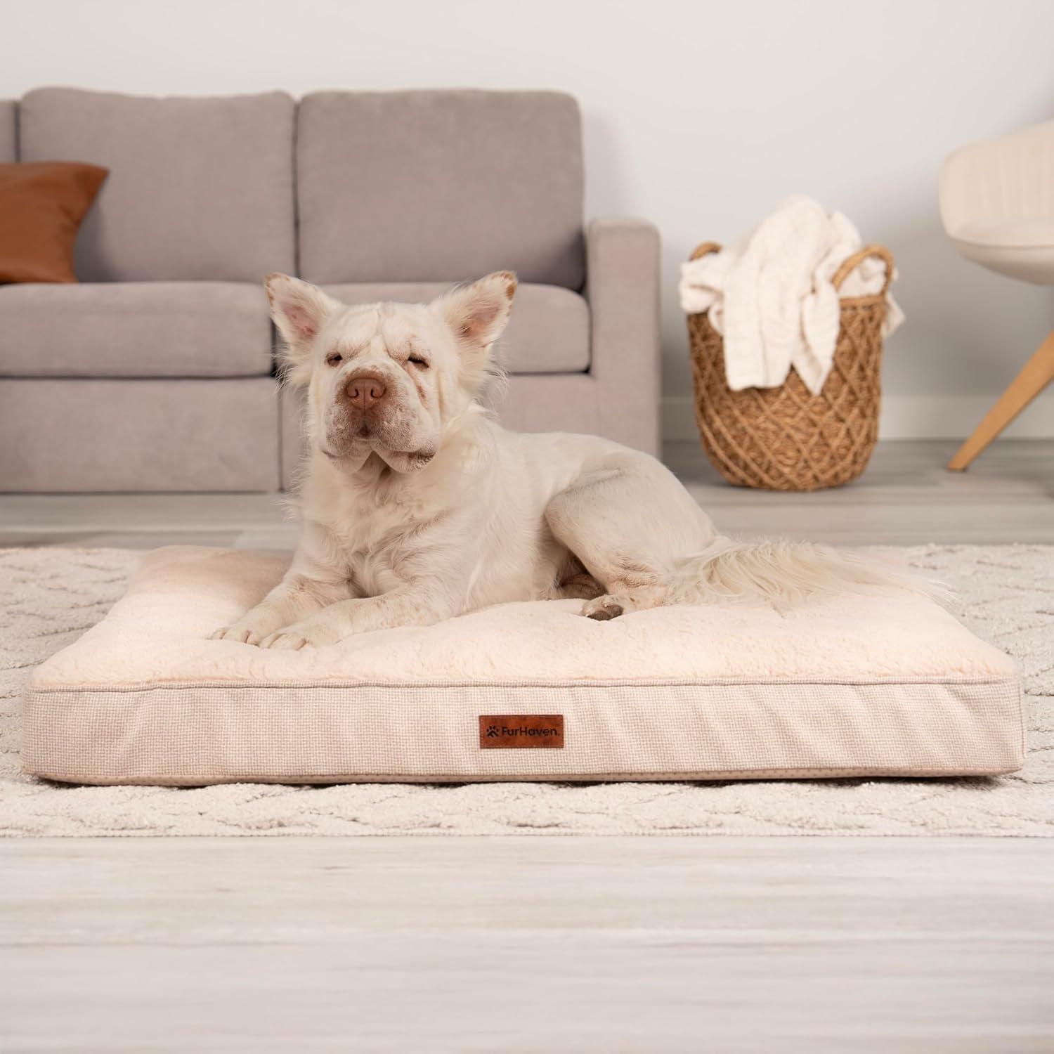 imageFurhaven Orthopedic Dog Bed for Large Dogs w Removable Washable Cover For Dogs Up to 95 lbs Ultra Plush Faux Fur ampamp Suede Mattress Gray JumboXLWheat