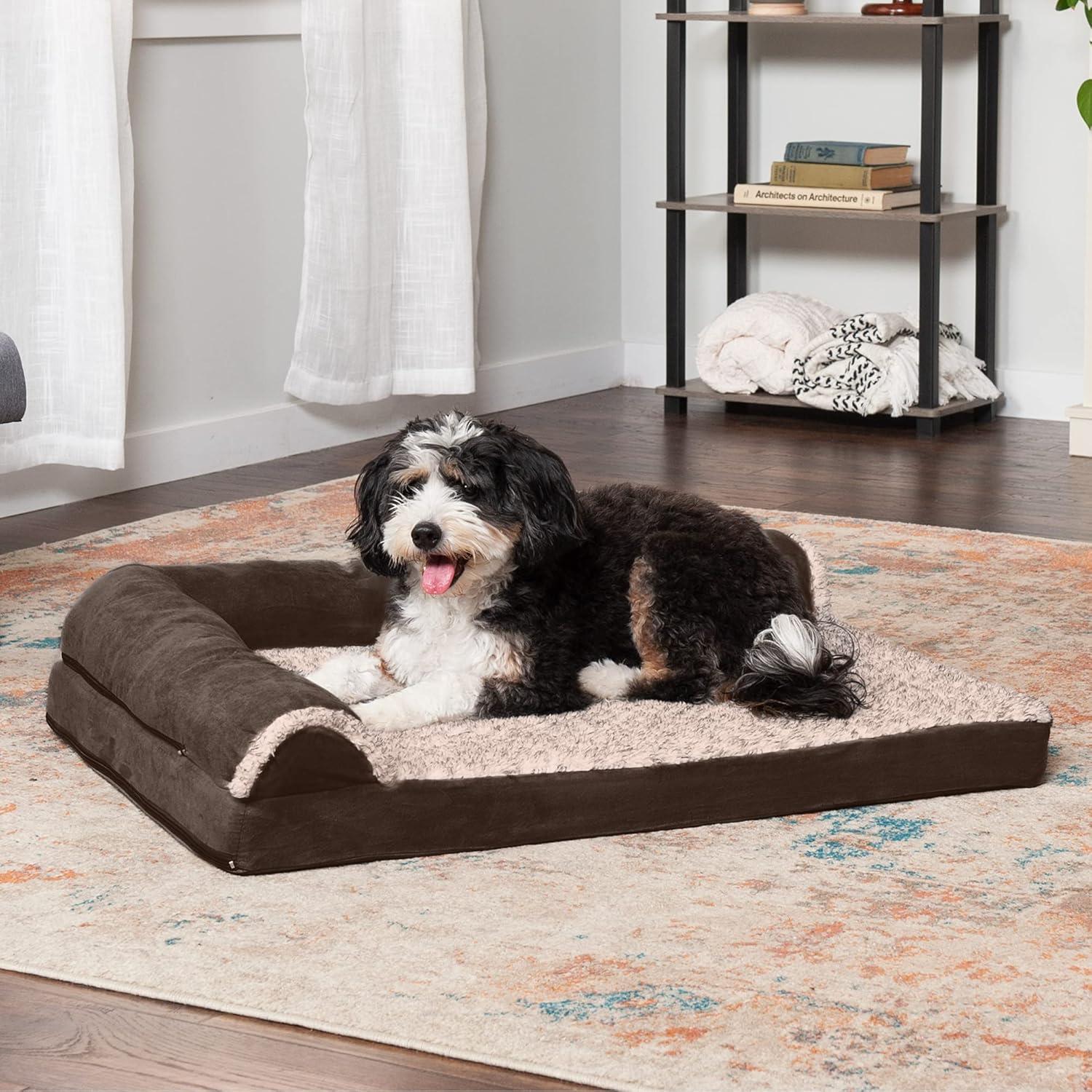 imageFurhaven Orthopedic Dog Bed for LargeMedium Dogs w Removable Bolsters ampamp Washable Cover For Dogs Up to 55 lbs TwoTone Plush Faux Fur ampamp Suede L Shaped Chaise Espresso Large