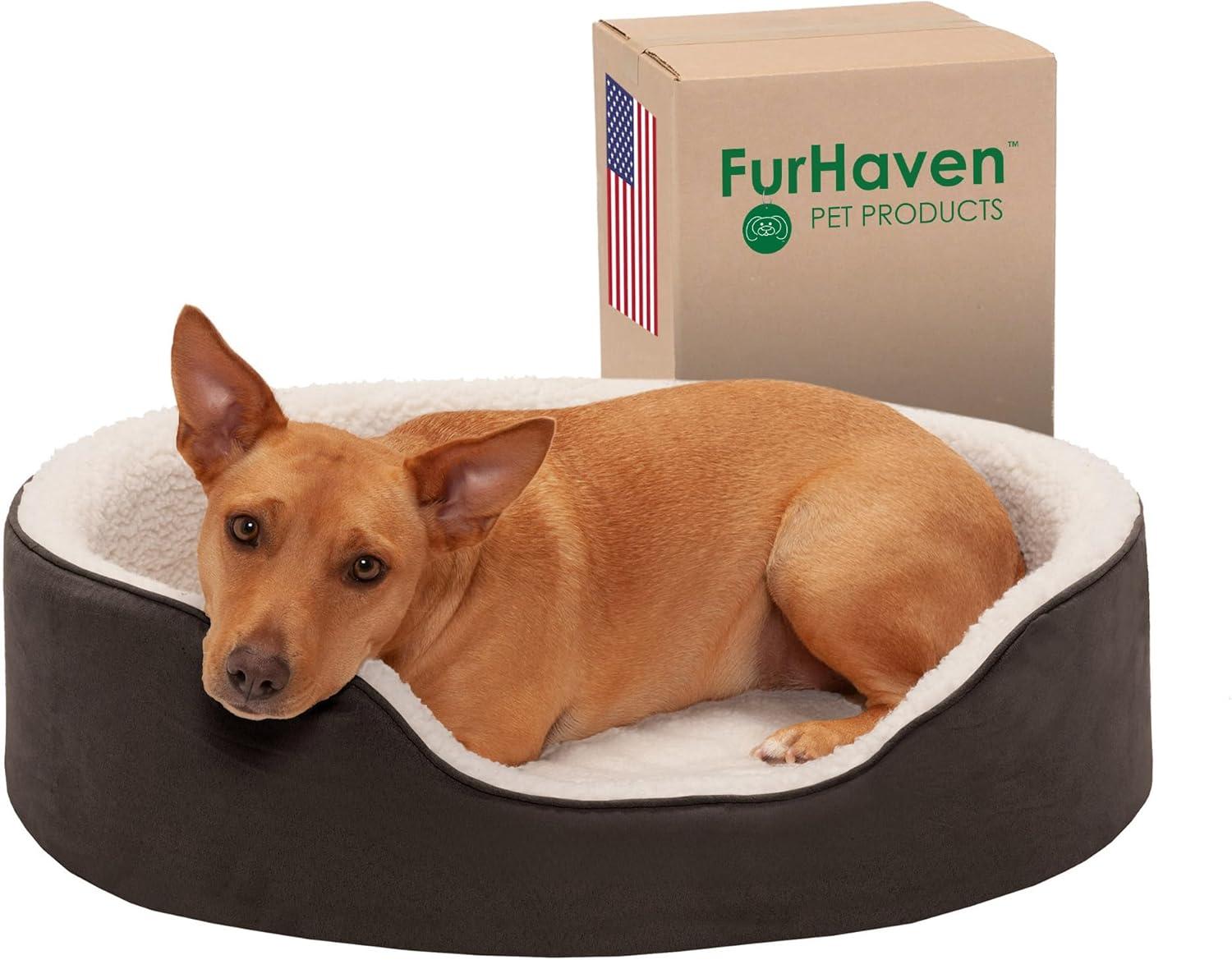 imageFurhaven Orthopedic Dog Bed for LargeMedium Dogs w Removable Washable Cover For Dogs Up to 30 lbs Sherpa ampamp Suede Oval Lounger Clay LargeSherpa Suede Espresso