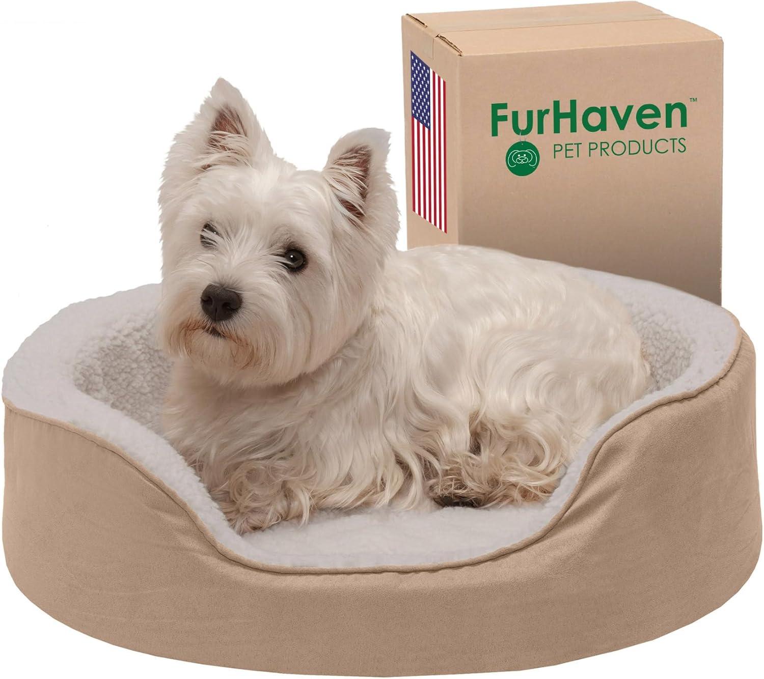 imageFurhaven Orthopedic Dog Bed for LargeMedium Dogs w Removable Washable Cover For Dogs Up to 30 lbs Sherpa ampamp Suede Oval Lounger Clay LargeSherpa Suede Clay