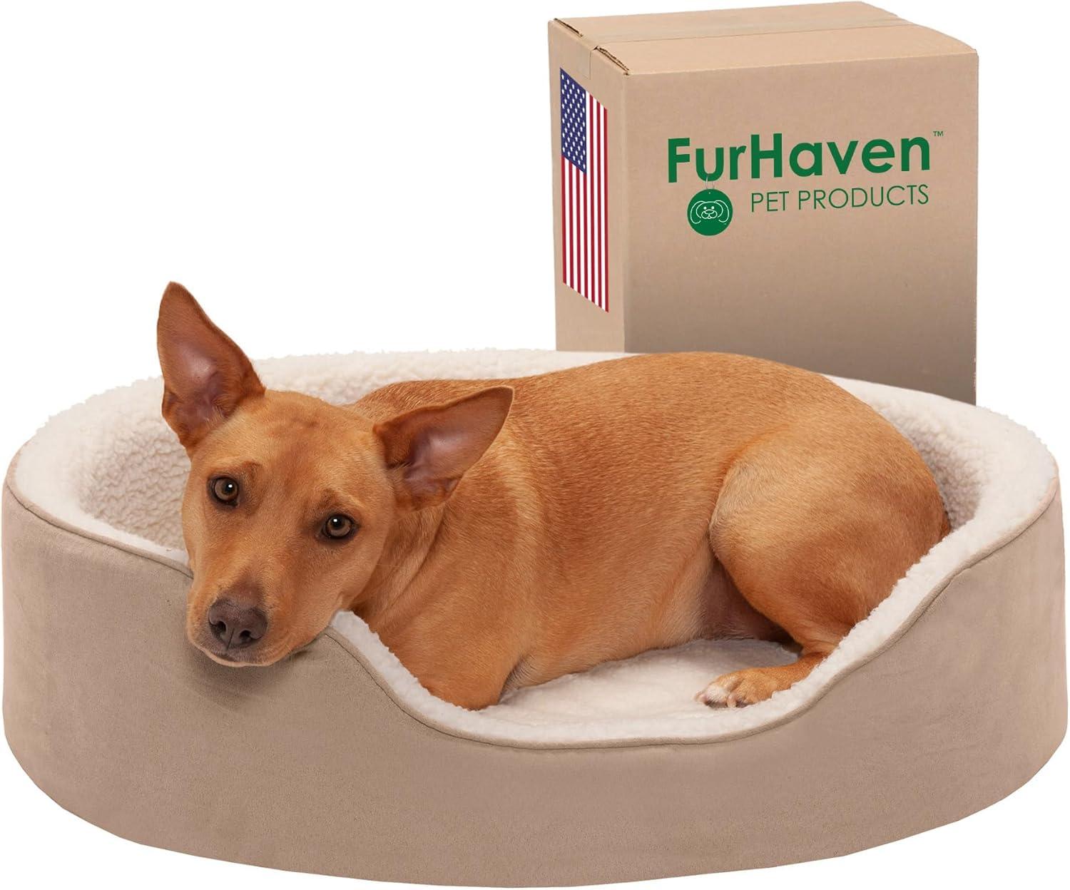 imageFurhaven Orthopedic Dog Bed for LargeMedium Dogs w Removable Washable Cover For Dogs Up to 30 lbs Sherpa ampamp Suede Oval Lounger Clay LargeSherpa Suede Clay