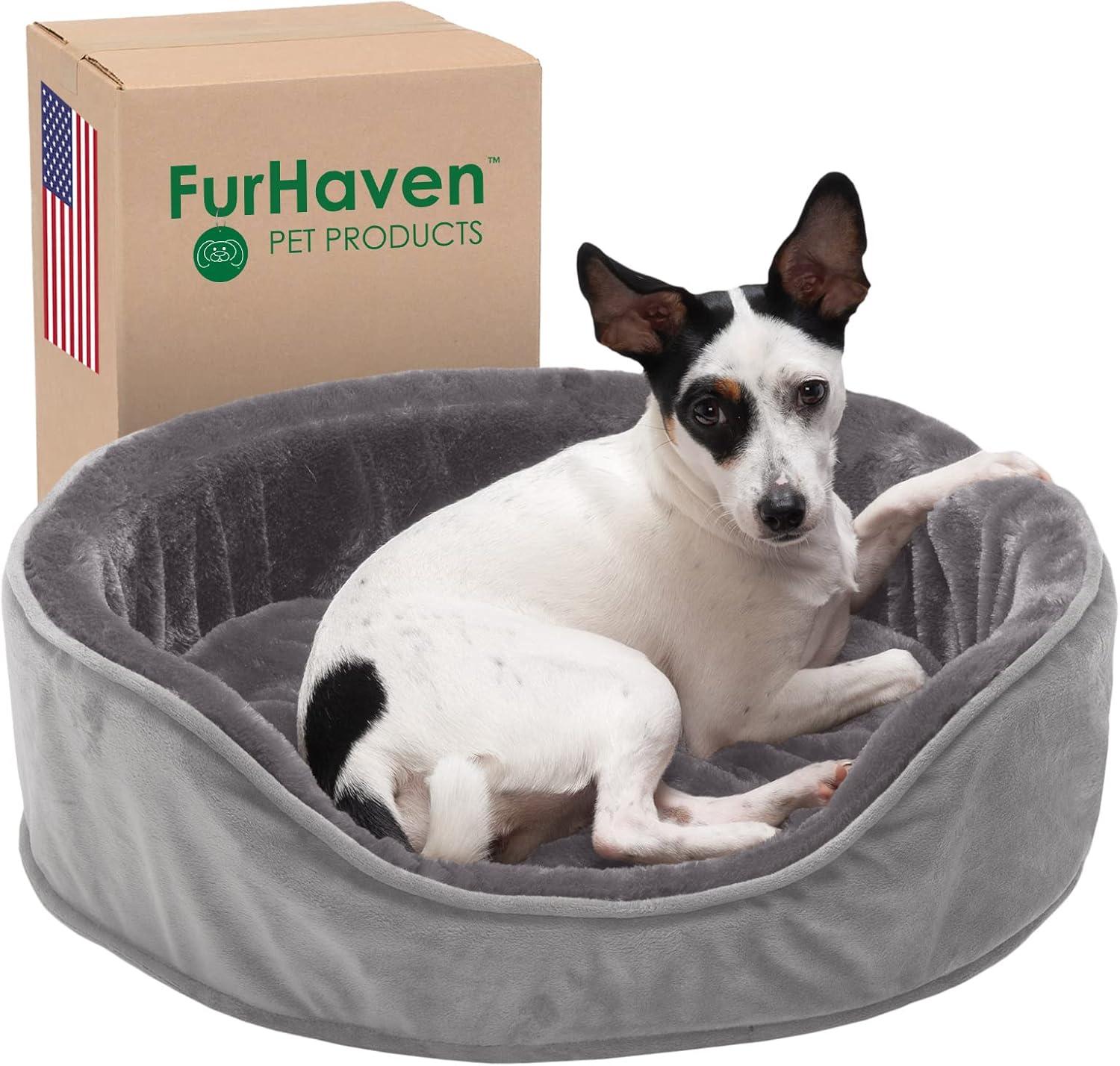 imageFurhaven Orthopedic Dog Bed for LargeMedium Dogs w Removable Washable Cover For Dogs Up to 30 lbs Sherpa ampamp Suede Oval Lounger Clay LargeVelvet Smoke Gray