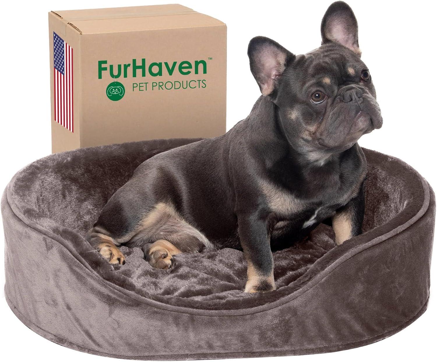 imageFurhaven Orthopedic Dog Bed for LargeMedium Dogs w Removable Washable Cover For Dogs Up to 30 lbs Sherpa ampamp Suede Oval Lounger Clay LargeVelvet Driftwood Brown