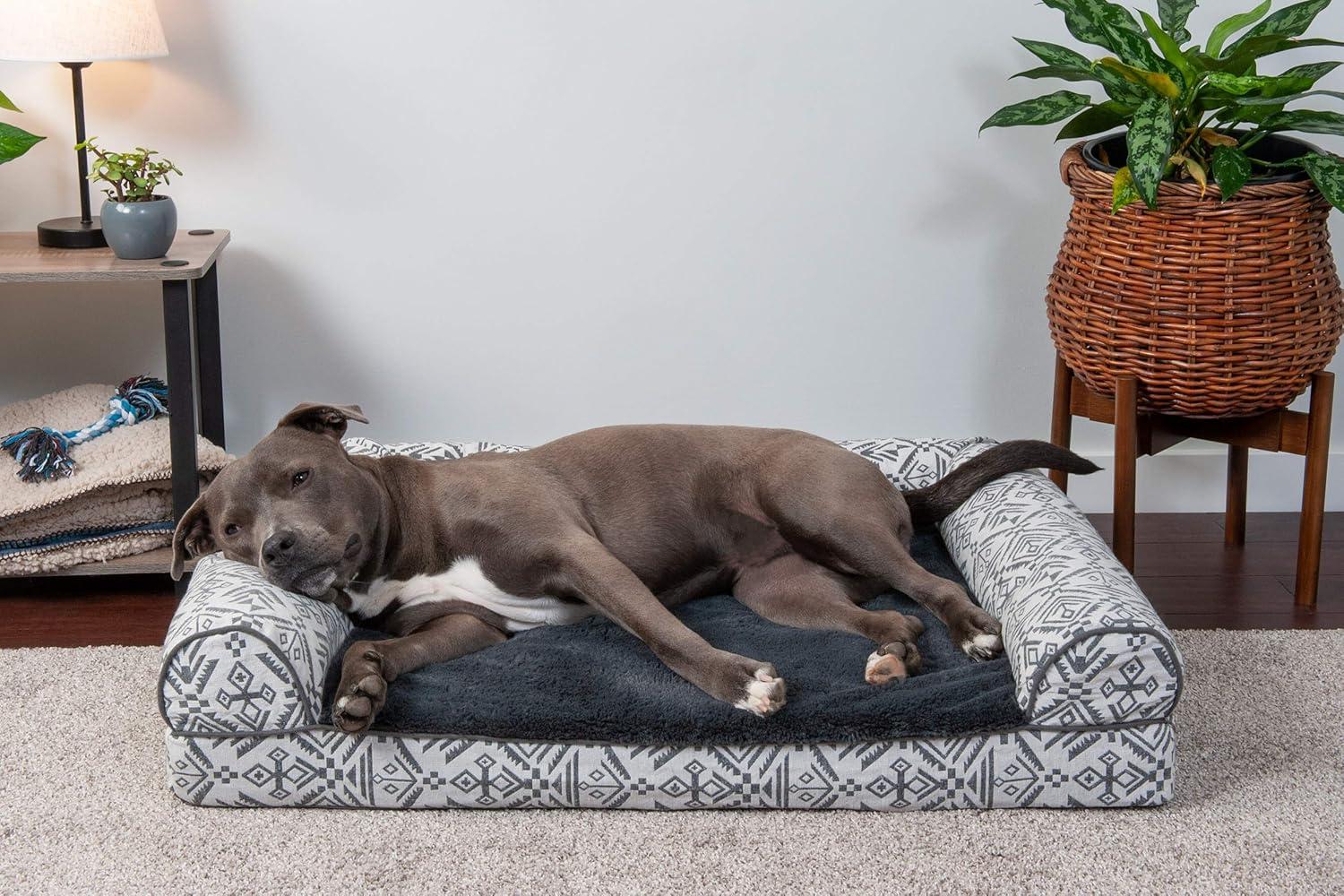 imageFurhaven Orthopedic Dog Bed for MediumSmall Dogs w Removable Bolsters ampamp Washable Cover For Dogs Up to 35 lbs Plush ampamp Suede Sofa Espresso MediumPlush Southwest Kilim Woven Decor Boulder Gray