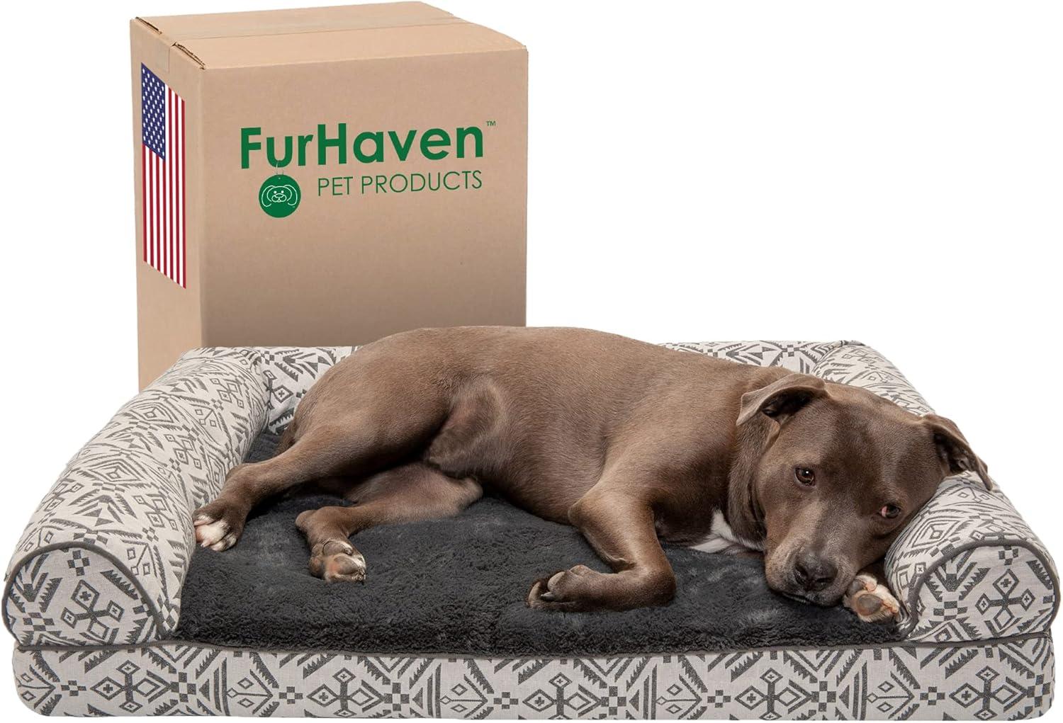 imageFurhaven Orthopedic Dog Bed for MediumSmall Dogs w Removable Bolsters ampamp Washable Cover For Dogs Up to 35 lbs Plush ampamp Suede Sofa Espresso MediumPlush Southwest Kilim Woven Decor Boulder Gray