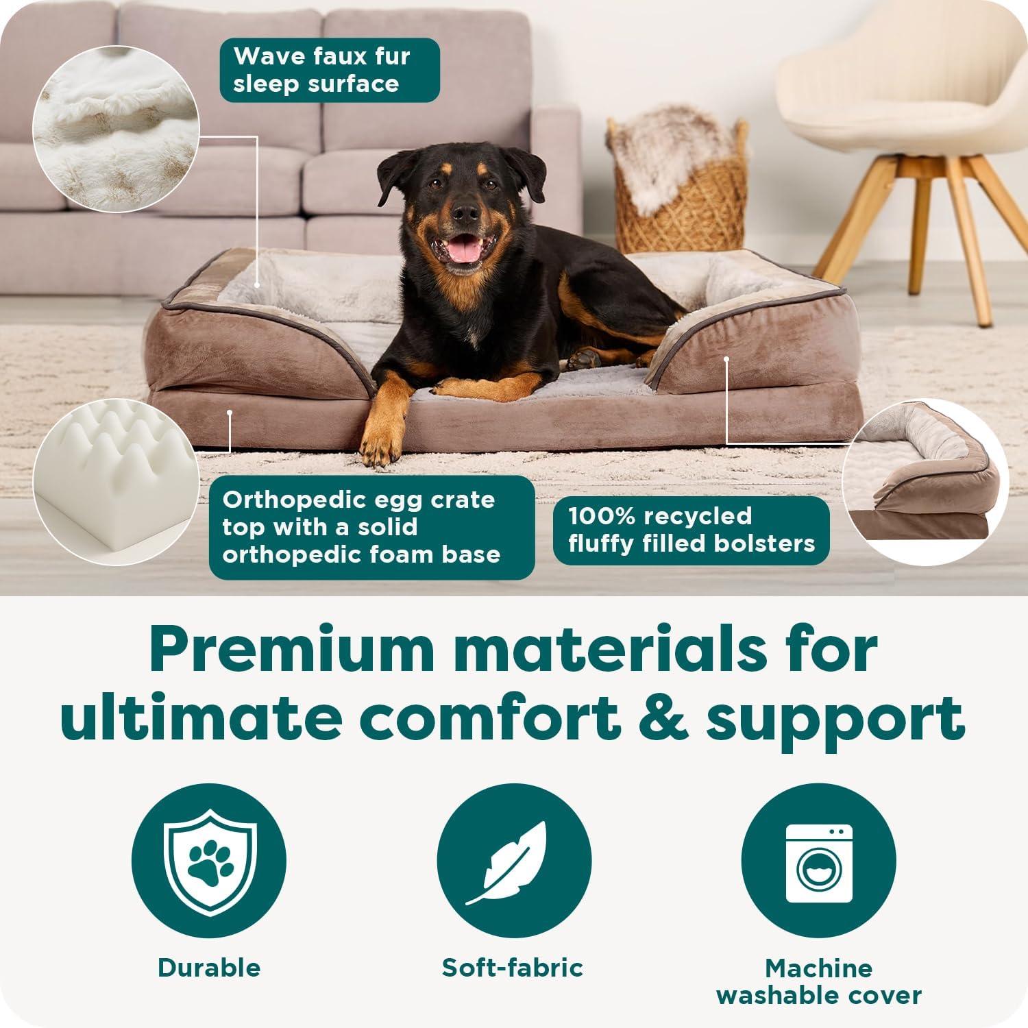 imageFurhaven Orthopedic Dog Bed for MediumSmall Dogs w Removable Bolsters ampamp Washable Cover For Dogs Up to 35 lbs Plush ampamp Velvet Waves Perfect Comfort Sofa Granite Gray MediumBrownstone