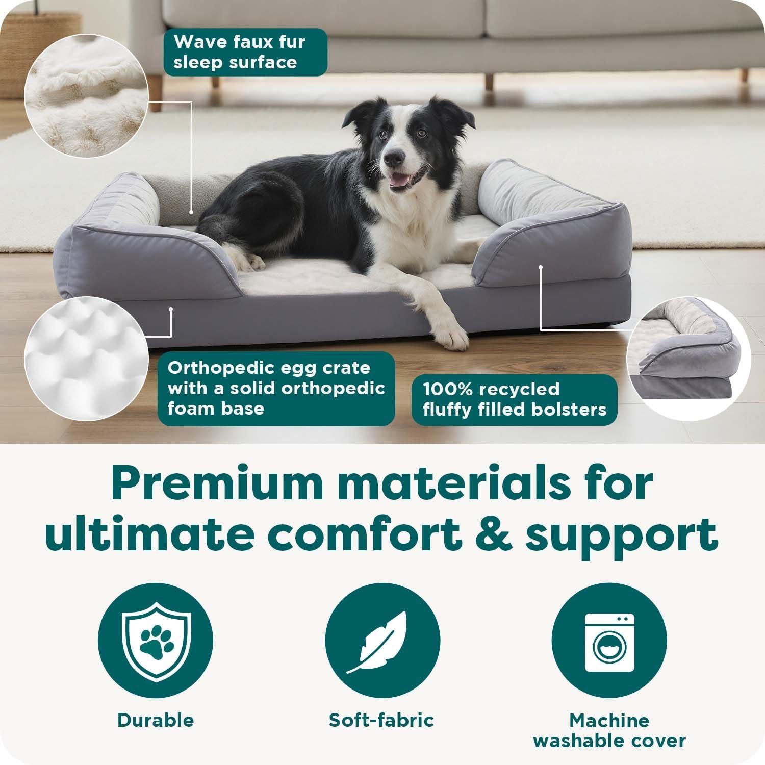 imageFurhaven Orthopedic Dog Bed for MediumSmall Dogs w Removable Bolsters ampamp Washable Cover For Dogs Up to 35 lbs Plush ampamp Velvet Waves Perfect Comfort Sofa Granite Gray MediumBrownstone