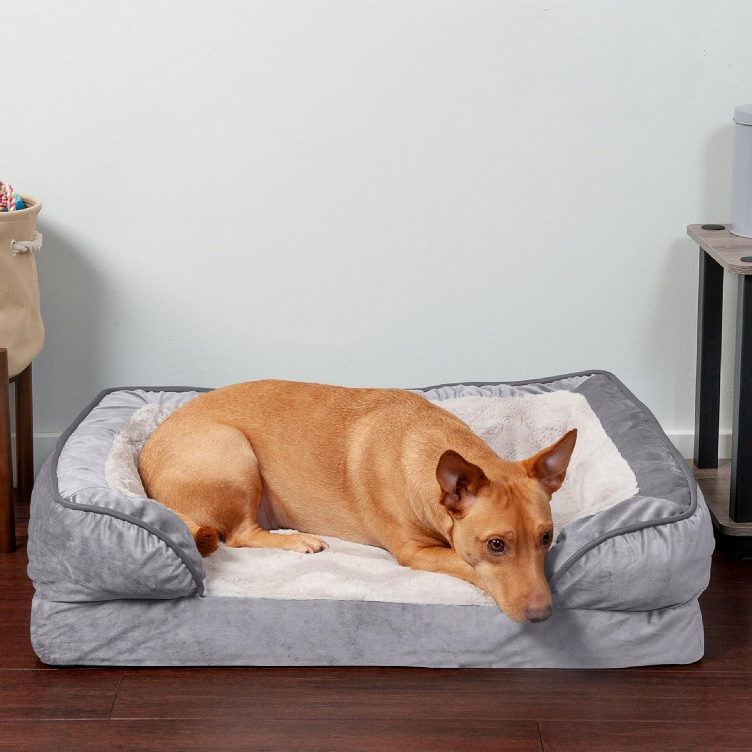 imageFurhaven Orthopedic Dog Bed for MediumSmall Dogs w Removable Bolsters ampamp Washable Cover For Dogs Up to 35 lbs Plush ampamp Velvet Waves Perfect Comfort Sofa Granite Gray MediumGranite Gray