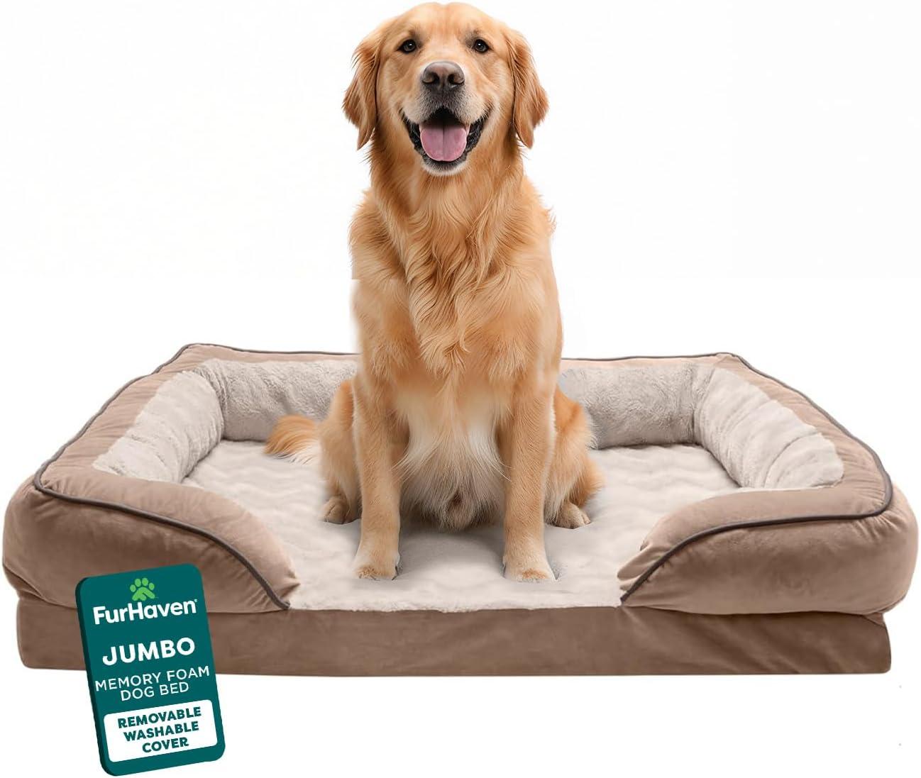 imageFurhaven Orthopedic Dog Bed for MediumSmall Dogs w Removable Bolsters ampamp Washable Cover For Dogs Up to 35 lbs Plush ampamp Velvet Waves Perfect Comfort Sofa Granite Gray MediumBrownstone