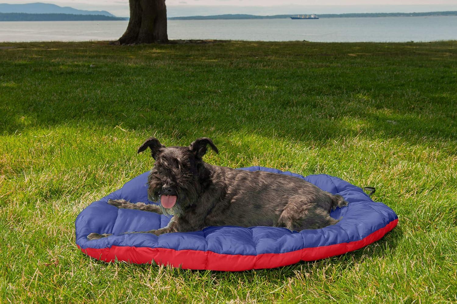 imageFurhaven Outdoor Travel Dog Bed for LargeMedium Dogs w Carry Bag Washable ampamp Foldable Great for Crates ampamp Kennels Trail Pup Travel Pillow Mat w Stuff Sack Bag PaprikaCamoPaw LargeFlame RedTrue Blue