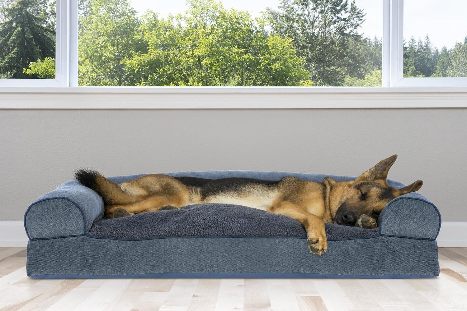 imageFurhaven Pillow Dog Bed for Large Dogs w Removable Bolsters ampamp Washable Cover Faux Fur ampamp Velvet Sofa Dark Sage JumboXLChenille Orion Blue