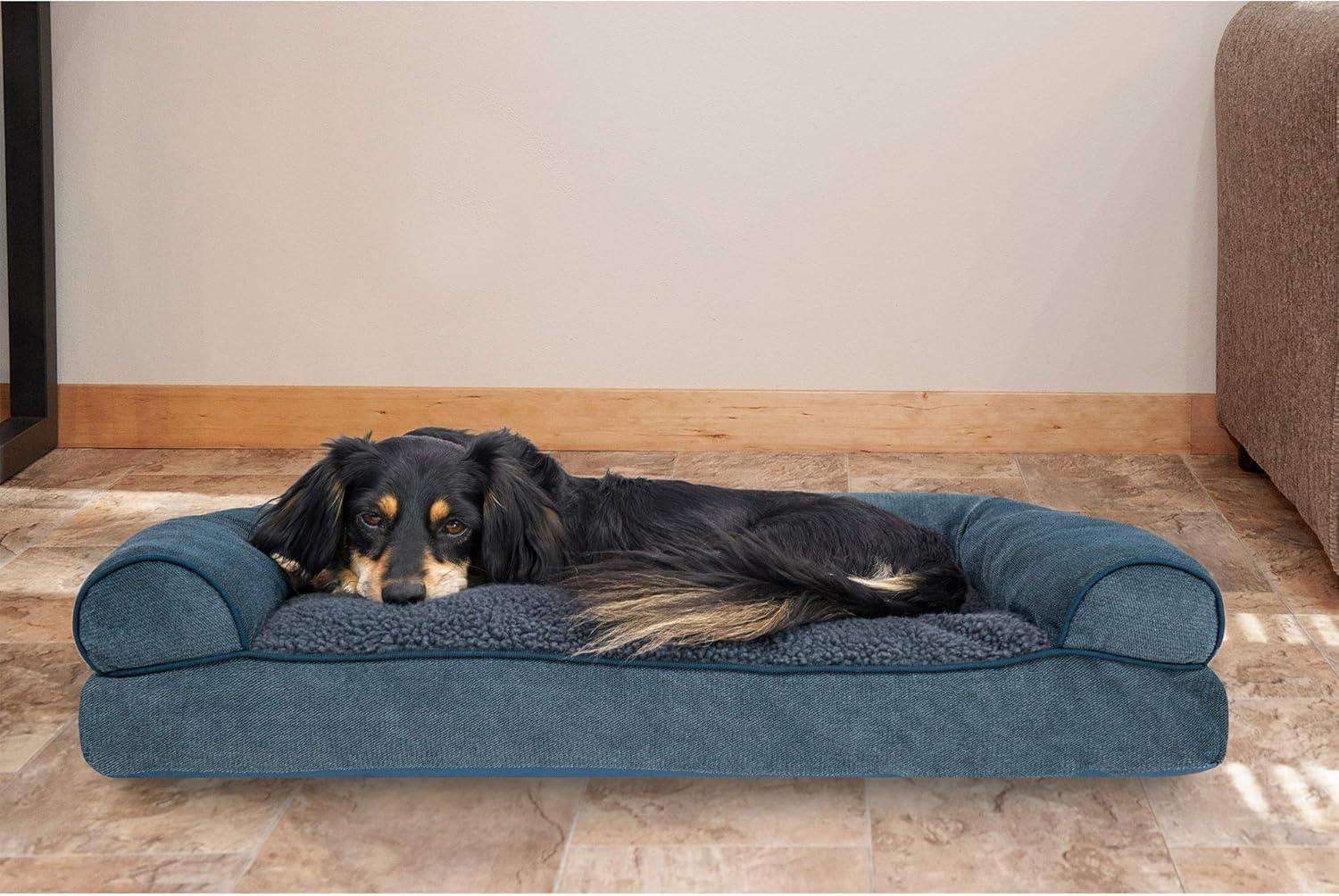 imageFurhaven Pillow Dog Bed for Large Dogs w Removable Bolsters ampamp Washable Cover Faux Fur ampamp Velvet Sofa Dark Sage JumboXLChenille Orion Blue