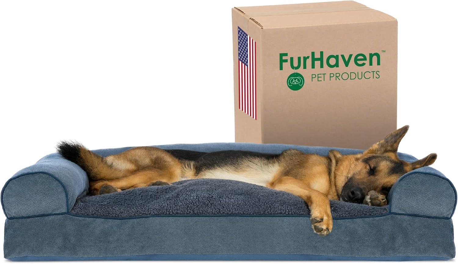 imageFurhaven Pillow Dog Bed for Large Dogs w Removable Bolsters ampamp Washable Cover Faux Fur ampamp Velvet Sofa Dark Sage JumboXLChenille Orion Blue
