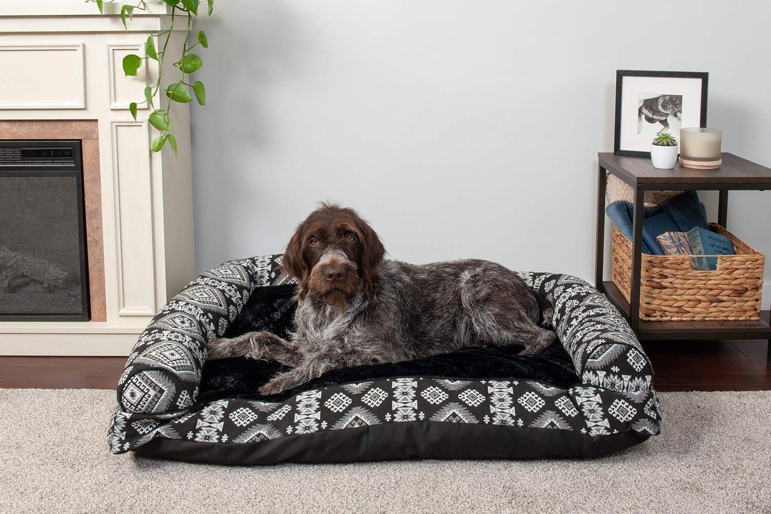 imageFurhaven Pillow Dog Bed for Large Dogs w Removable Bolsters ampamp Washable Cover Faux Fur ampamp Velvet Sofa Dark Sage JumboXLPlush Southwest Kilim Decor Black Medallion