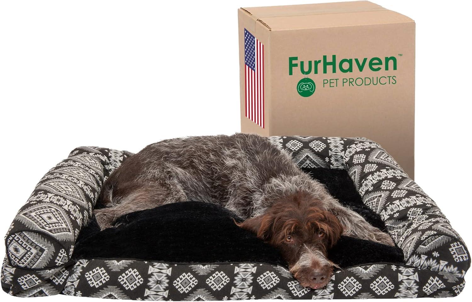imageFurhaven Pillow Dog Bed for Large Dogs w Removable Bolsters ampamp Washable Cover Faux Fur ampamp Velvet Sofa Dark Sage JumboXLPlush Southwest Kilim Decor Black Medallion