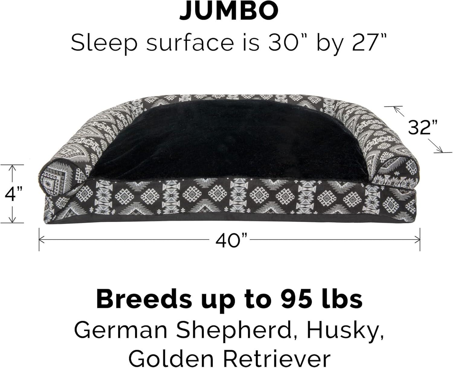 imageFurhaven Pillow Dog Bed for Large Dogs w Removable Bolsters ampamp Washable Cover Faux Fur ampamp Velvet Sofa Dark Sage JumboXLPlush Southwest Kilim Decor Black Medallion