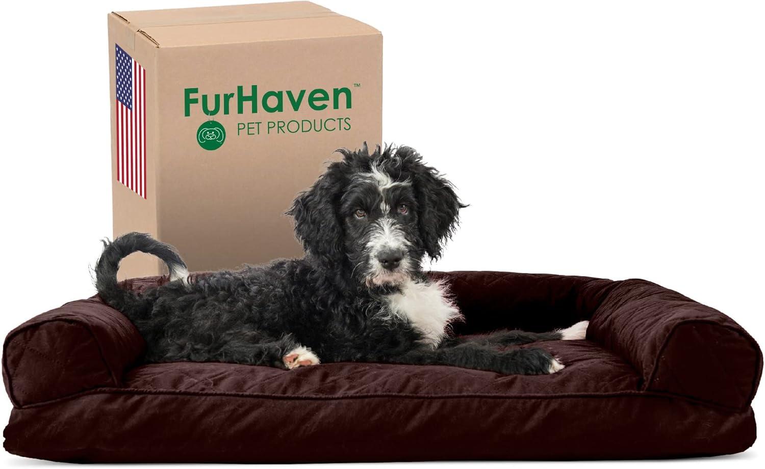 imageFurhaven Pillow Dog Bed for Large Dogs w Removable Bolsters ampamp Washable Cover Faux Fur ampamp Velvet Sofa Dark Sage JumboXLQuilted Coffee