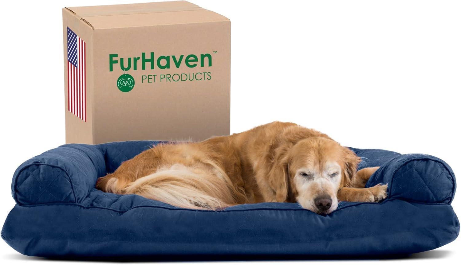 imageFurhaven Pillow Dog Bed for Large Dogs w Removable Bolsters ampamp Washable Cover Faux Fur ampamp Velvet Sofa Dark Sage JumboXLQuilted Navy