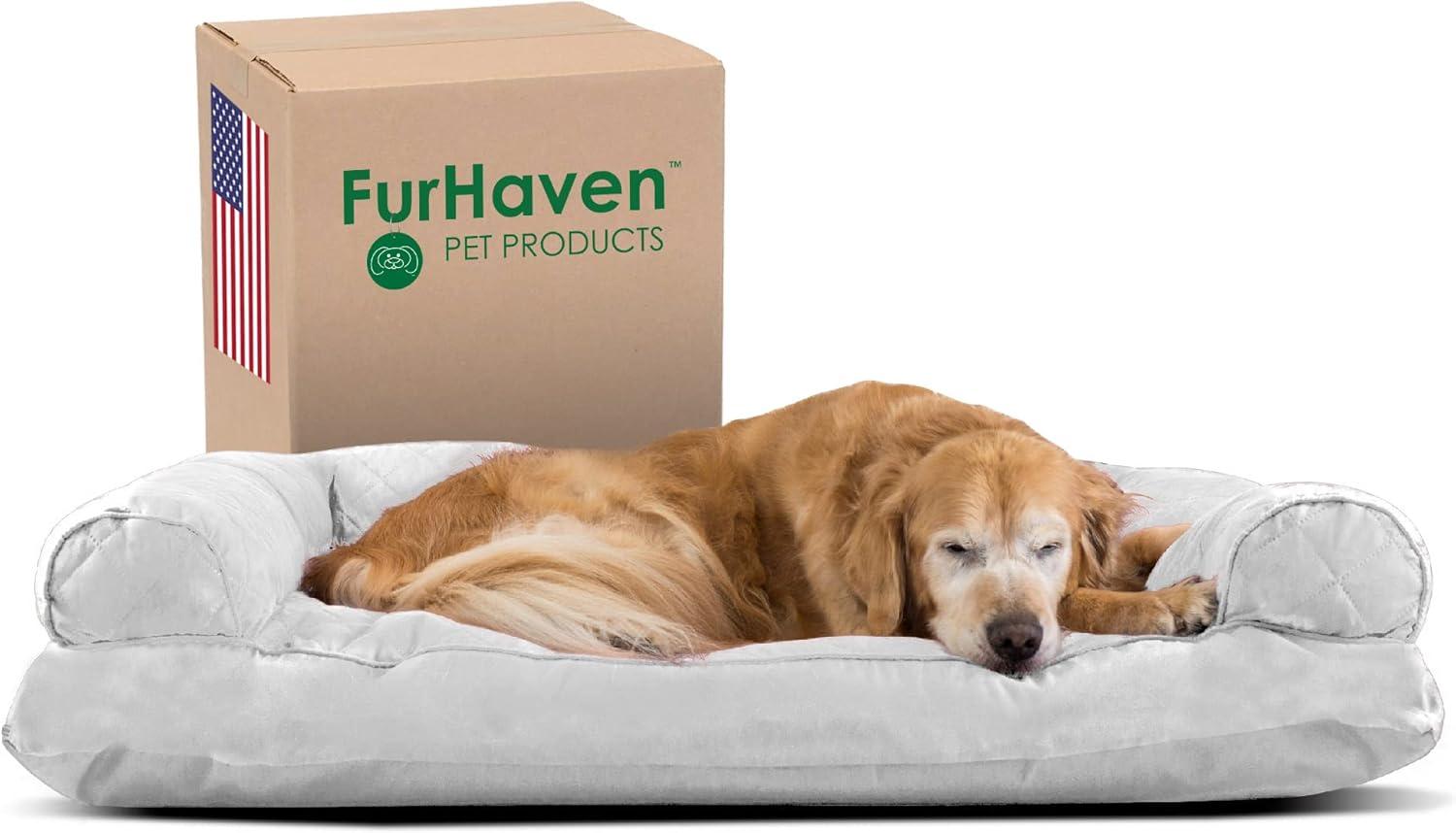 imageFurhaven Pillow Dog Bed for Large Dogs w Removable Bolsters ampamp Washable Cover Faux Fur ampamp Velvet Sofa Dark Sage JumboXLQuilted Silver Gray