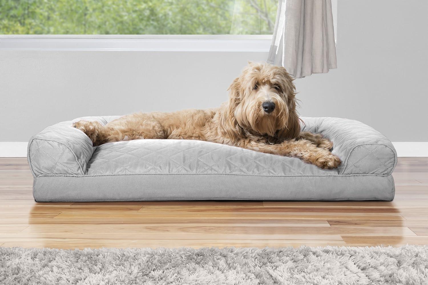 imageFurhaven Pillow Dog Bed for Large Dogs w Removable Bolsters ampamp Washable Cover Faux Fur ampamp Velvet Sofa Dark Sage JumboXLQuilted Silver Gray