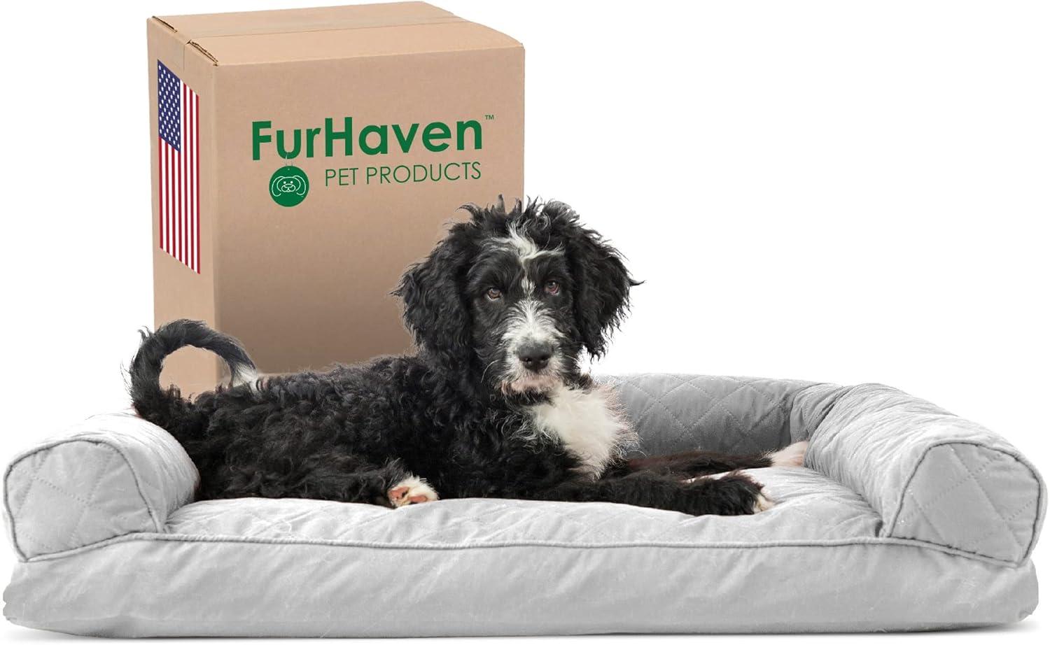 imageFurhaven Pillow Dog Bed for Large Dogs w Removable Bolsters ampamp Washable Cover Faux Fur ampamp Velvet Sofa Dark Sage JumboXLQuilted Silver Gray