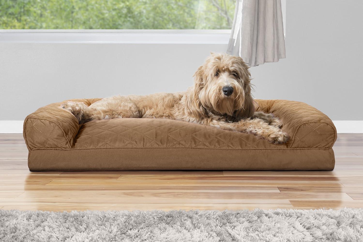 imageFurhaven Pillow Dog Bed for Large Dogs w Removable Bolsters ampamp Washable Cover Faux Fur ampamp Velvet Sofa Dark Sage JumboXLQuilted Toasted Brown
