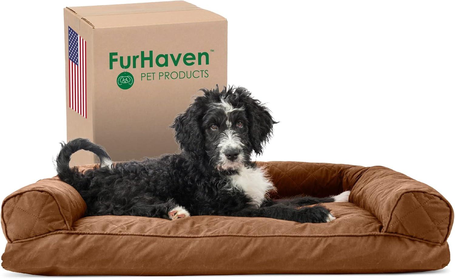 imageFurhaven Pillow Dog Bed for Large Dogs w Removable Bolsters ampamp Washable Cover Faux Fur ampamp Velvet Sofa Dark Sage JumboXLQuilted Toasted Brown