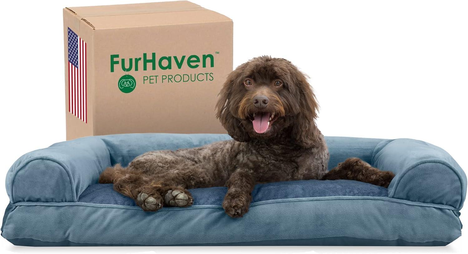 imageFurhaven Pillow Dog Bed for Large Dogs w Removable Bolsters ampamp Washable Cover Faux Fur ampamp Velvet Sofa Dark Sage JumboXLSofa Faux Fur Velvet Harbor Blue
