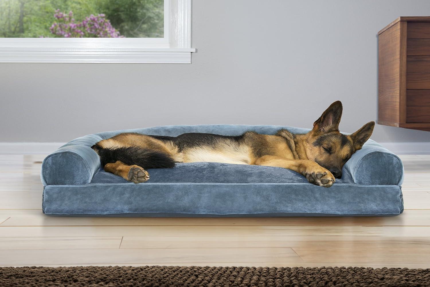 imageFurhaven Pillow Dog Bed for Large Dogs w Removable Bolsters ampamp Washable Cover Faux Fur ampamp Velvet Sofa Dark Sage JumboXLSofa Faux Fur Velvet Harbor Blue