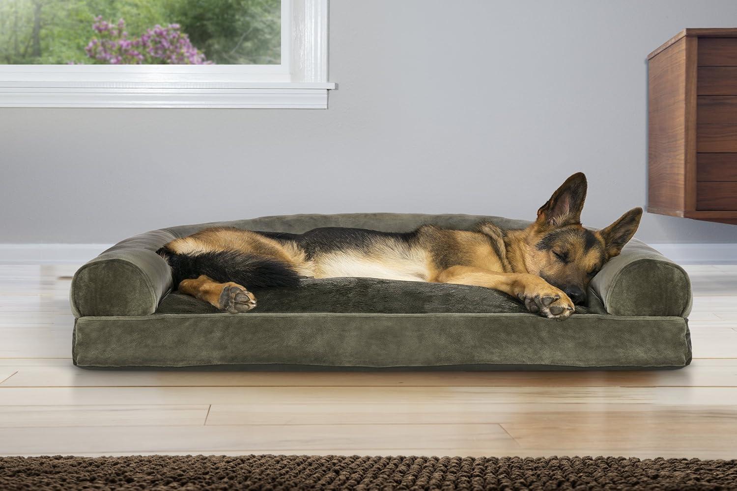 imageFurhaven Pillow Dog Bed for Large Dogs w Removable Bolsters ampamp Washable Cover Faux Fur ampamp Velvet Sofa Dark Sage JumboXLSofa Faux Fur Velvet Dark Sage