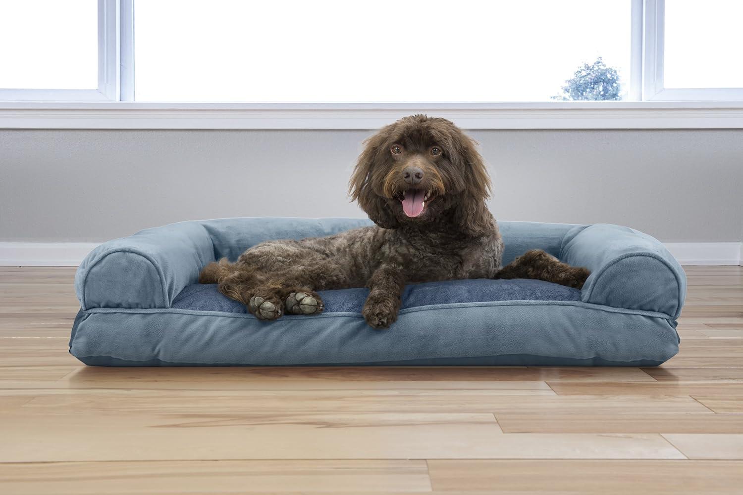 imageFurhaven Pillow Dog Bed for Large Dogs w Removable Bolsters ampamp Washable Cover Faux Fur ampamp Velvet Sofa Dark Sage JumboXLSofa Faux Fur Velvet Harbor Blue