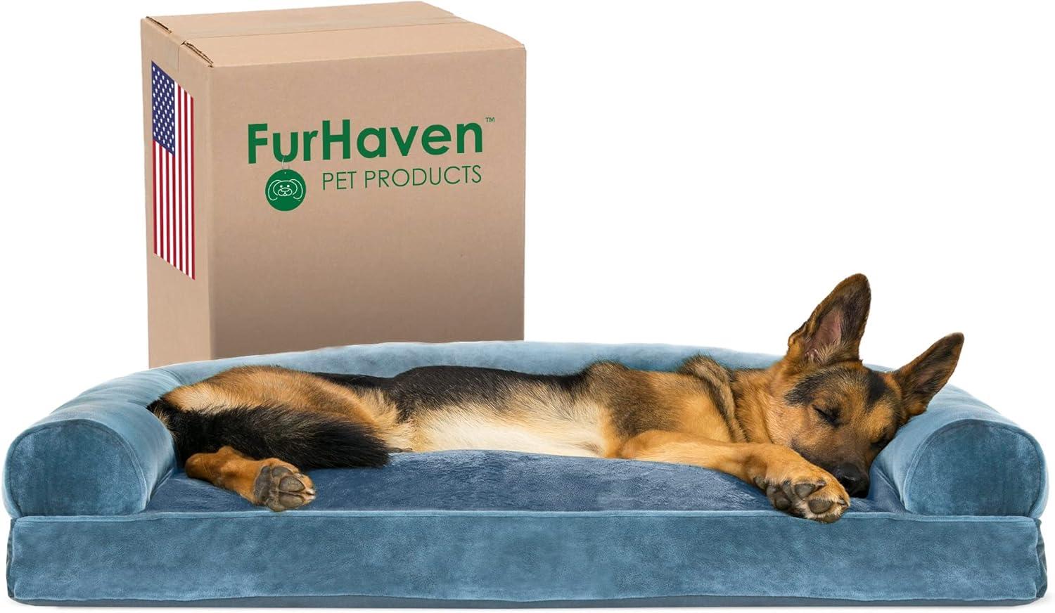 imageFurhaven Pillow Dog Bed for Large Dogs w Removable Bolsters ampamp Washable Cover Faux Fur ampamp Velvet Sofa Dark Sage JumboXLSofa Faux Fur Velvet Harbor Blue