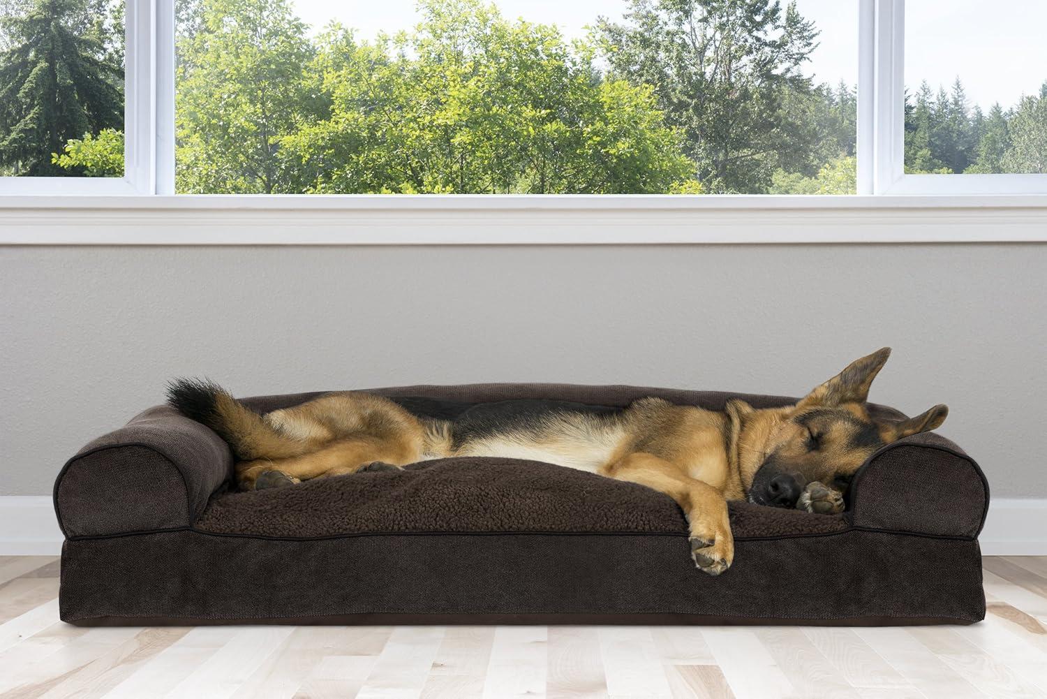 imageFurhaven Pillow Dog Bed for Large Dogs w Removable Bolsters ampamp Washable Cover Faux Fur ampamp Velvet Sofa Dark Sage JumboXLSofa Sherpa Chenille Coffee