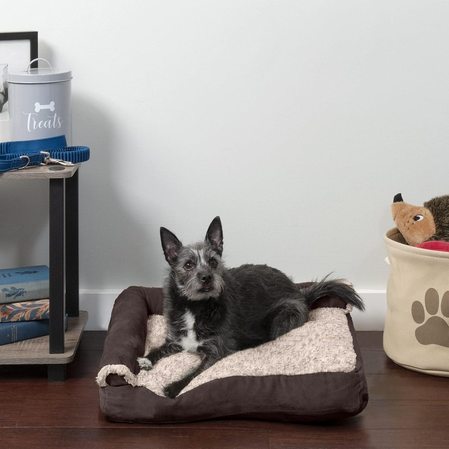 imageFurhaven Pillow Dog Bed for MediumSmall Dogs w Removable Bolsters ampamp Washable Cover TwoTone Plush Faux Fur ampamp Suede L Shaped Chaise Dark Sage MediumEspresso