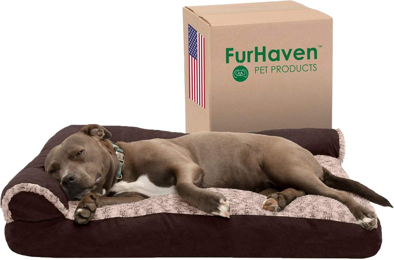 imageFurhaven Pillow Dog Bed for MediumSmall Dogs w Removable Bolsters ampamp Washable Cover TwoTone Plush Faux Fur ampamp Suede L Shaped Chaise Dark Sage MediumEspresso