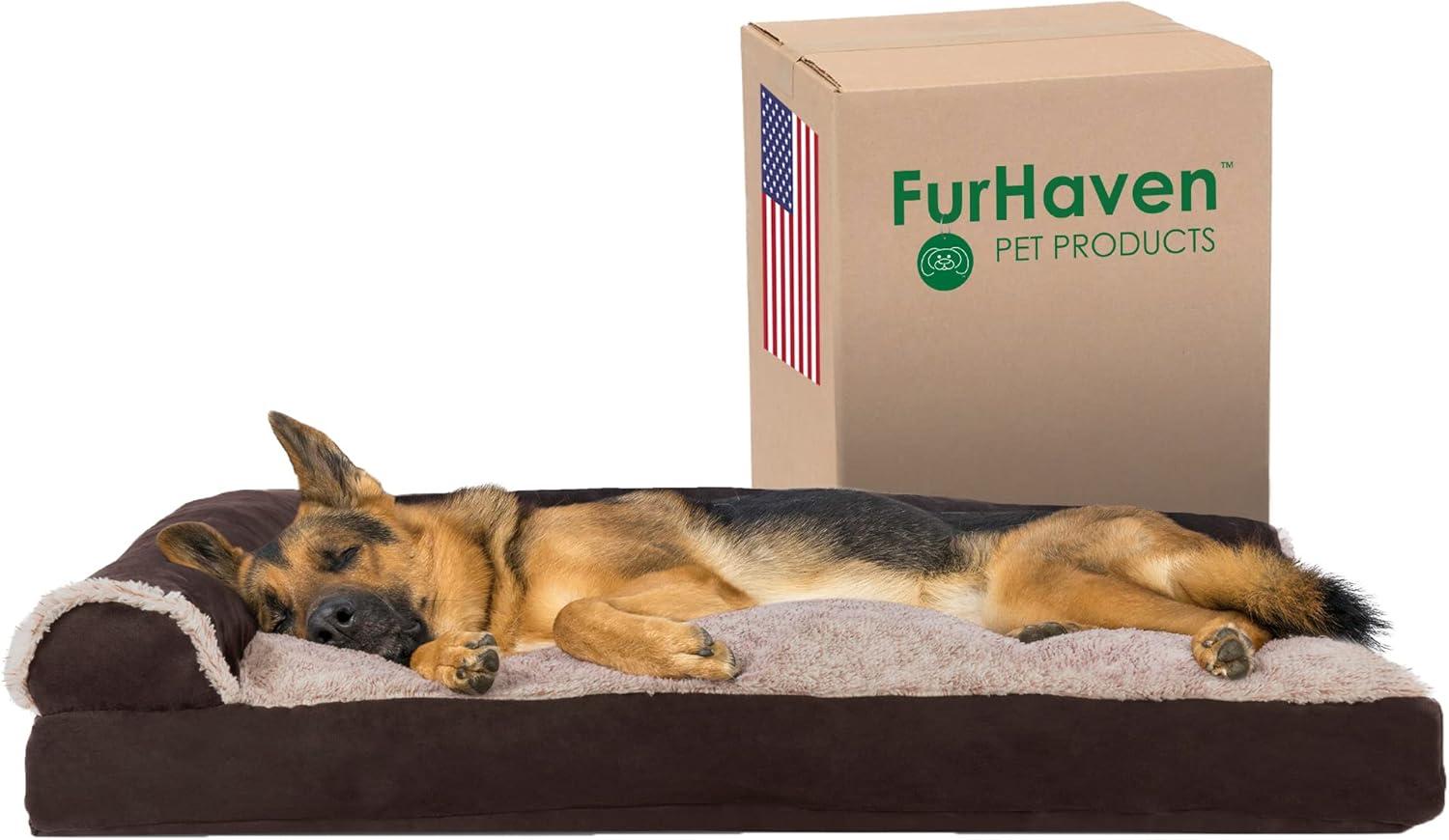 imageFurhaven Pillow Dog Bed for MediumSmall Dogs w Removable Bolsters ampamp Washable Cover TwoTone Plush Faux Fur ampamp Suede L Shaped Chaise Dark Sage MediumEspresso