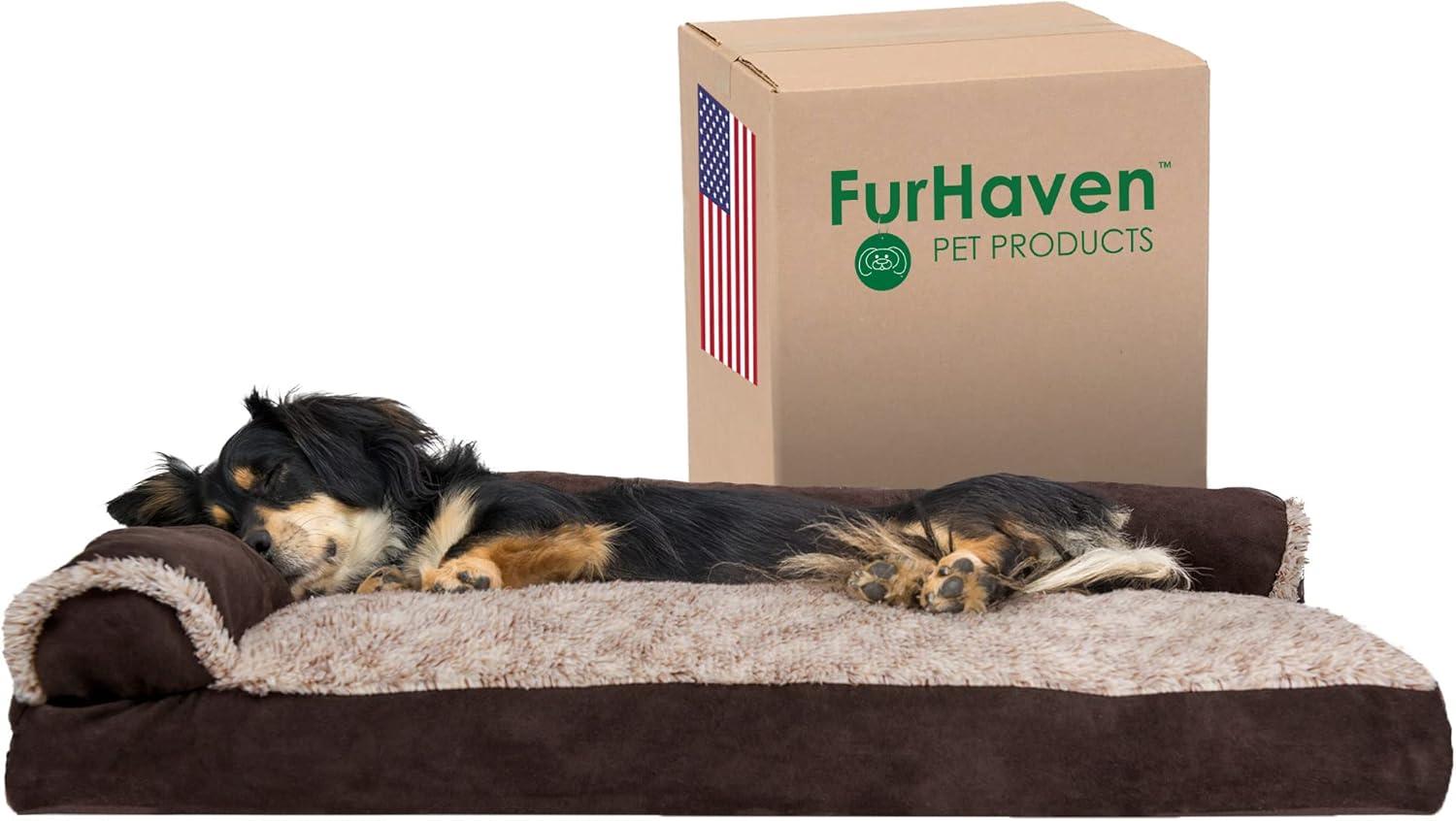 imageFurhaven Pillow Dog Bed for MediumSmall Dogs w Removable Bolsters ampamp Washable Cover TwoTone Plush Faux Fur ampamp Suede L Shaped Chaise Dark Sage MediumEspresso