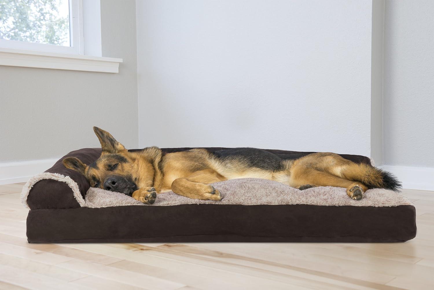 imageFurhaven Pillow Dog Bed for MediumSmall Dogs w Removable Bolsters ampamp Washable Cover TwoTone Plush Faux Fur ampamp Suede L Shaped Chaise Dark Sage MediumEspresso