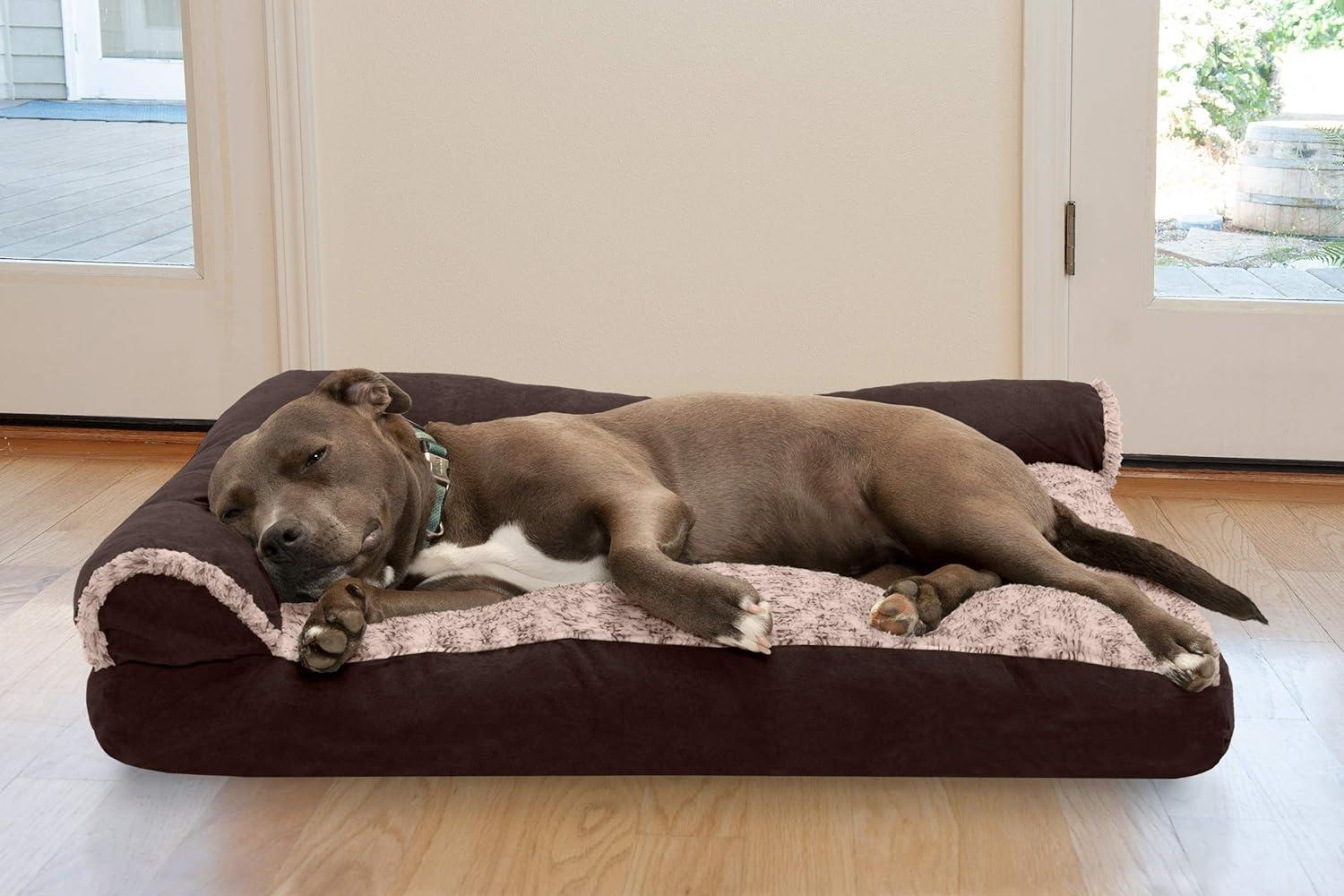imageFurhaven Pillow Dog Bed for MediumSmall Dogs w Removable Bolsters ampamp Washable Cover TwoTone Plush Faux Fur ampamp Suede L Shaped Chaise Dark Sage MediumEspresso