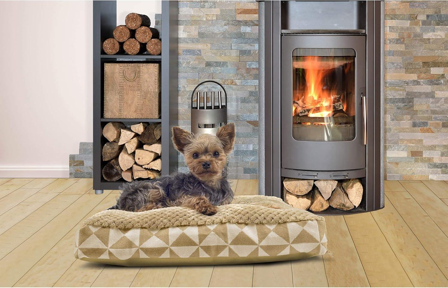 imageFurhaven Pillow Dog Bed for MediumSmall Dogs w Removable Washable Cover Ultra Plush Faux Fur ampamp Suede Mattress Cream MediumKilim Pyramid Latte